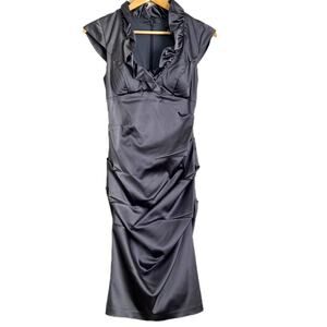 XScape Joanna Chen Slate Blue Stretch Satin Ruched Bodycon Cocktail Dress Size 2